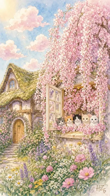 Whimsical Cottage Window Kittens in Flower Bed