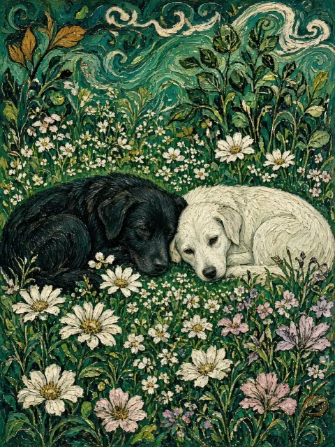 Woodblock Print image example: Post-Impressionist Mineral Pigment Dogs and Blossoms