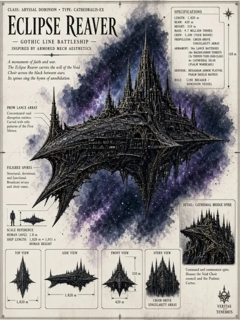 Technical Blueprint image example: Gothic Dark Sci-Fi Space Battleship Blueprint