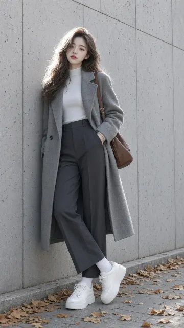 Fashion Editorial image example: Cool-Toned Autumn Stone Wall Street Portrait