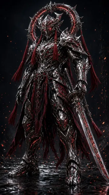 Cyberpunk Dark Silver and Crimson Samurai Sculpture