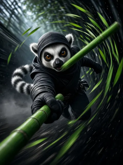 Action Shot image example: Surreal 3D Lemur Ninja With Bamboo Staff