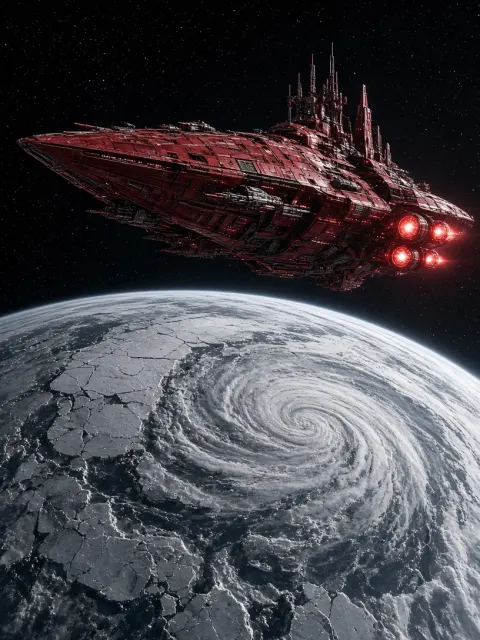 Spaceship image example: Crimson Battle Cruiser Over Glacial Planet