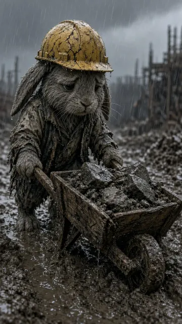 Anthropomorphic Character image example: Melancholic Anthropomorphic Rabbit Laborer in the Rain