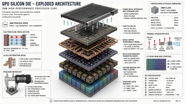Dynamic Perspective image example: 3D Exploded Blueprint Concept of GPU Silicon Core