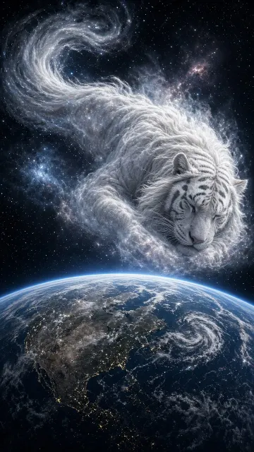 Cosmic Giant White Tiger Satellite View Concept Art