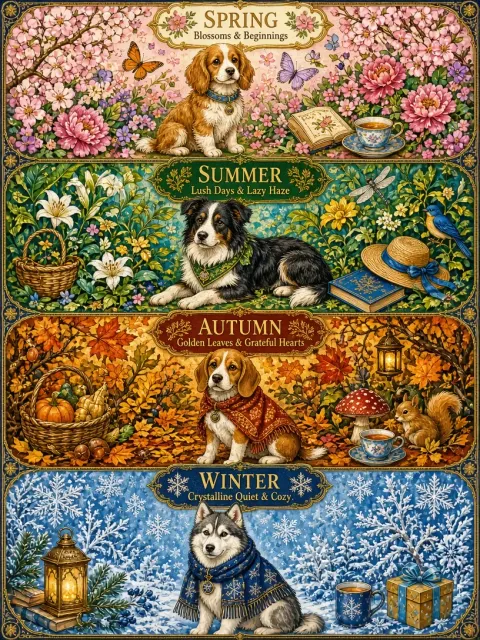 Four Seasons Maximalist Dog Picture Book Illustration