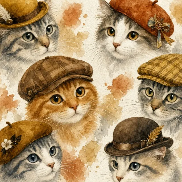animal portrait image example: Vintage Watercolor Cats in Hats Pattern