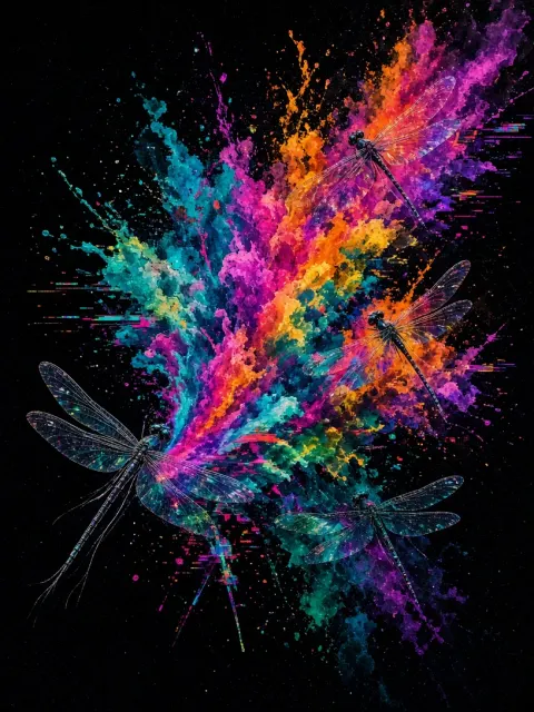 Generative Art image example: Fluid Colorful Ink Dragonfly Glitch Art
