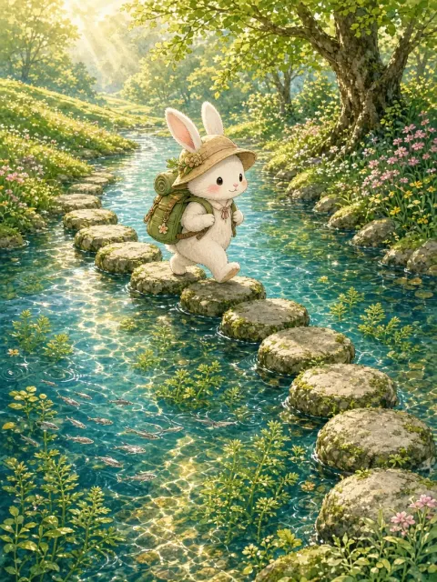 Fairy Tale image example: Whimsical Spring Bunny on Stepping Stones Illustration
