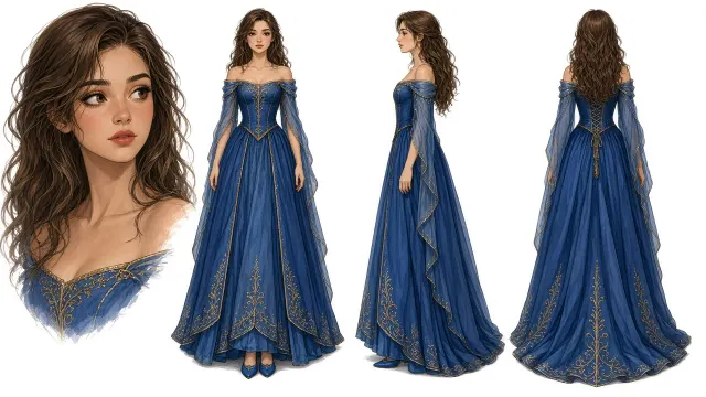 Turnaround image example: Character Turnaround Sheet of Girl in Blue Dress