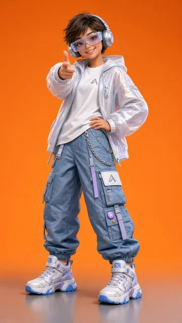 Tech Vibe image example: 3D Rendered Cyber-Pop Virtual Character on Orange