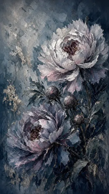Dark Romanticism image example: Melancholic Bleeding Peonies Impasto Illustration