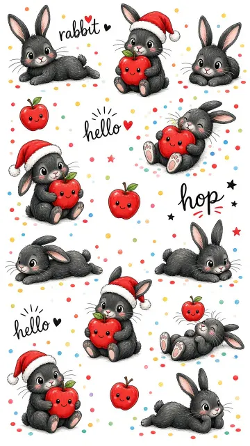 Christmas image example: Cute Black Bunny and Christmas Apple Illustration Pattern