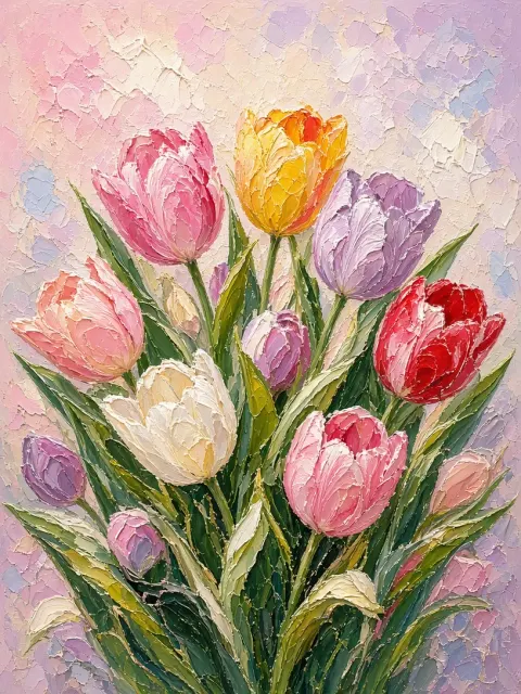 Textured image example: Heavy Impasto Spring Tulips Oil Painting