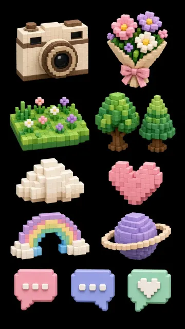 Soft 3D Pixel Art Cozy Icon Collection