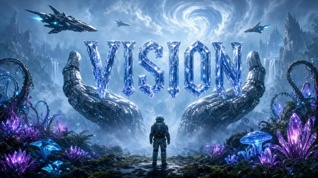 Starry Sky & Cosmos image example: Sci-Fi Robotic Hands Holding Crystal VISION Typography