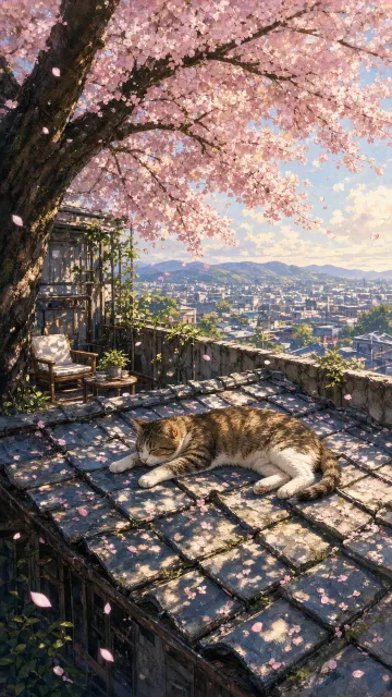 Floral and Botanical image example: Cat Stretching on Rooftop Beneath Cherry Blossoms