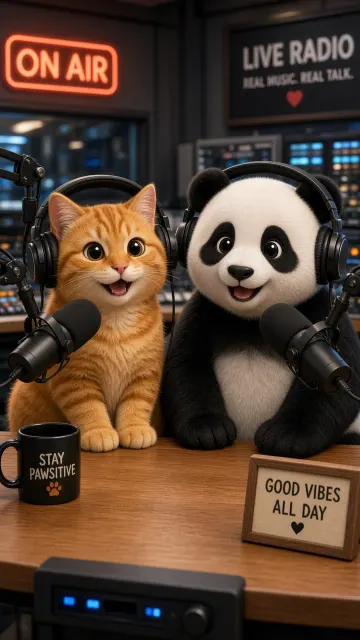Character Illustration image example: Anthropomorphic Chubby Ginger Cat and Panda Radio Hosts Illustration