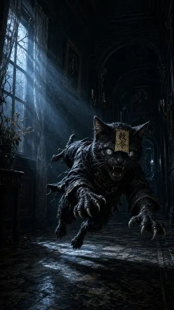 Horror image example: Spooky Jiangshi Black Cat in Dim Old Mansion Corridor