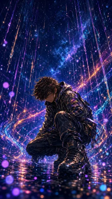 Cosmic Nebula image example: Surreal Luminous Rain Battle Boy Anime Illustration