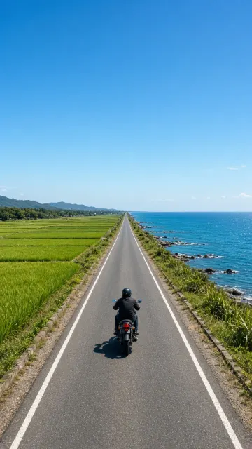Motorcyclist Riding Along Coastal Highway by Paddy Fields Photography