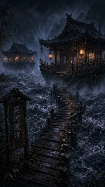 Anime Underworld Ghost Ship Pier in Eerie Fog