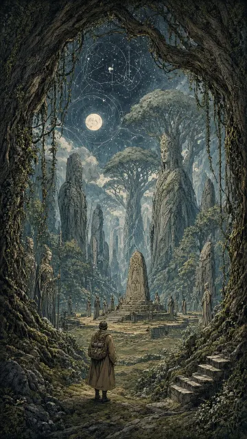 Sci-Fi Aesthetic image example: Moebius Style Night Forest Gate Fantasy Illustration