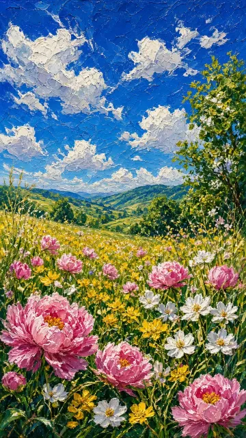 Floral Botany image example: Textured Oil Painting of Meadow Peonies and Wildflowers