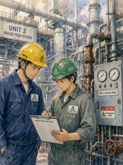 Industrial image example: Watercolor Anime Power Plant Inspection Illustration