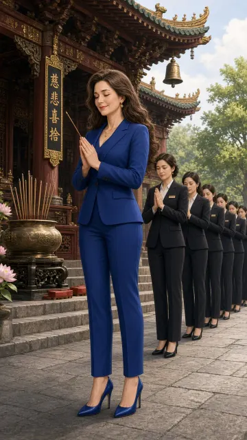 Corporate Fashion image example: Businesswoman in Blue Suit Temple Prayer Illustration