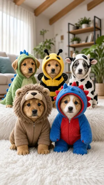 Interior Space image example: Five Puppies in Animal Onesies Photography