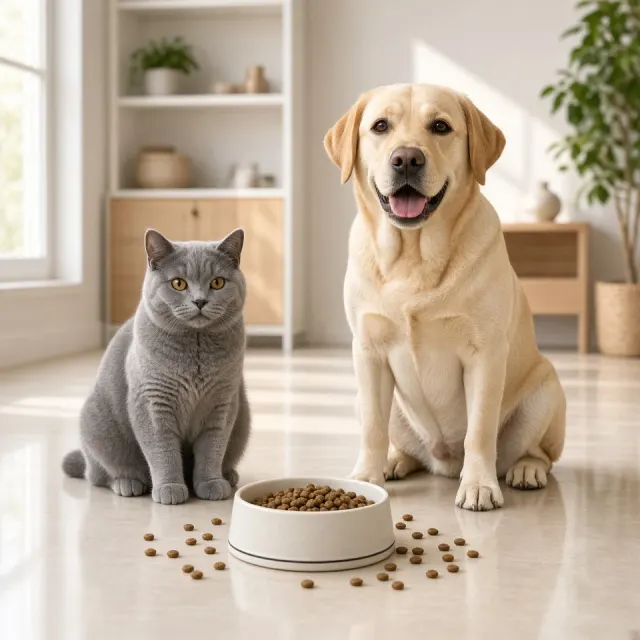 warm and cozy image example: British Shorthair Cat and Labrador in Modern Living Room