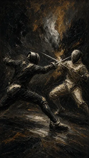 Dark Impasto Palette Knife Fencing Oil Painting