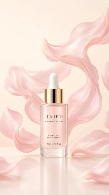 Commercial Still Life image example: Luxury Cosmetic Serum Bottle Floating Petals