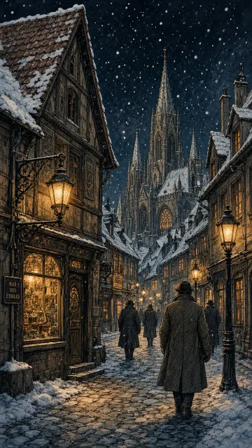 Warm Glow image example: Snowy European Streetscape in Moebius Style