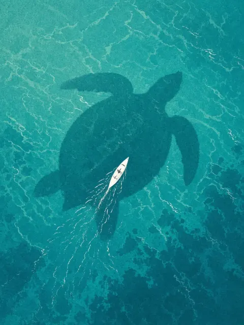 Ocean image example: Silkscreen Aerial Sea Turtle Shadow and Boat