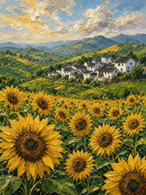Impasto Oil Rural Wuyuan Sunflower Fields
