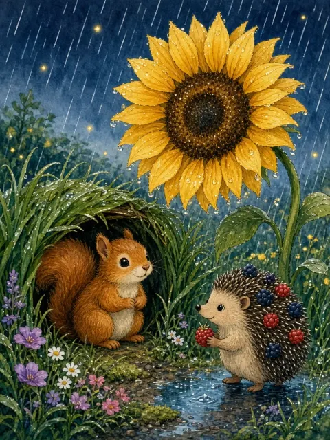Rainy Night Sunflower Shelter Storybook Scene