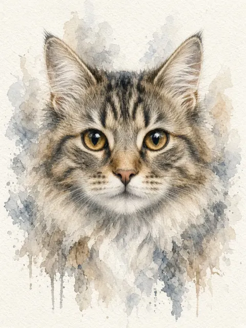 Fine Art Painting image example: Realistic Watercolor Cat Face Portrait