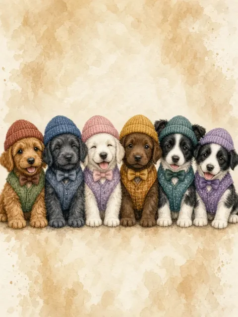 Watercolor Panorama of Puppies in Knitted Beanies