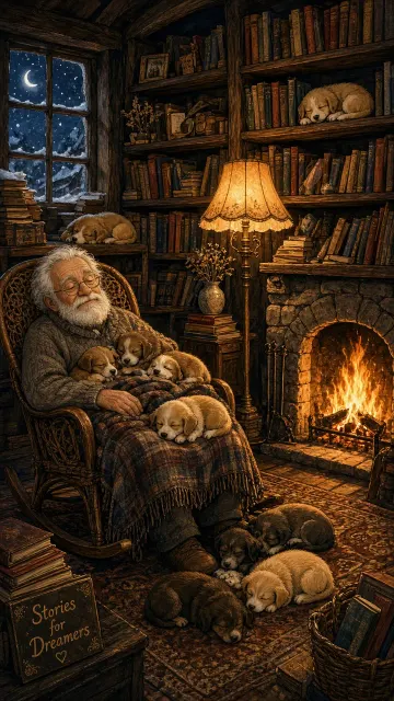 Cozy Winter Bookstore with Sleeping Puppies
