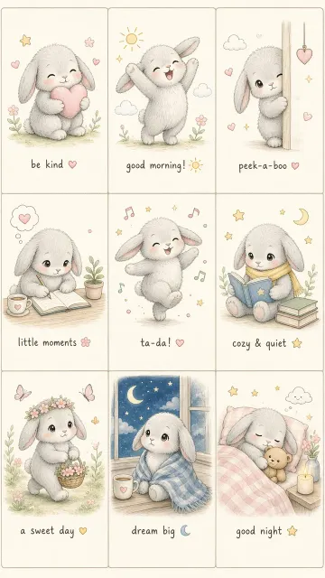 Kawaii image example: Nine-Panel Cute Gray Bunny Doodle Grid