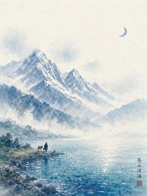Minimalist Watercolor Erhai Lake and Mountain Landscape