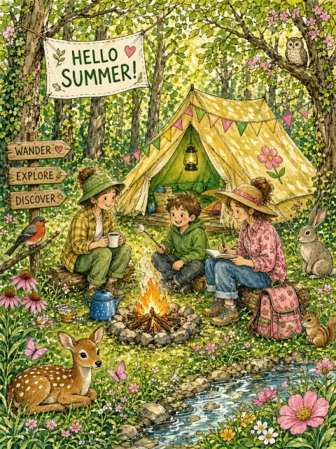 Children Book Style image example: Whimsical Summer Camping Picture Book Illustration