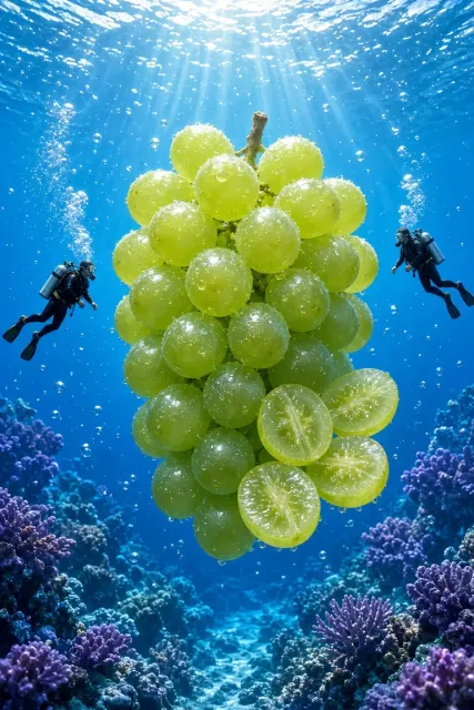 Underwater image example: Surreal Underwater Green Grapes Food Photography