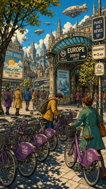 Clean Line Art image example: Moebius Style Metro Station Shared Bicycles