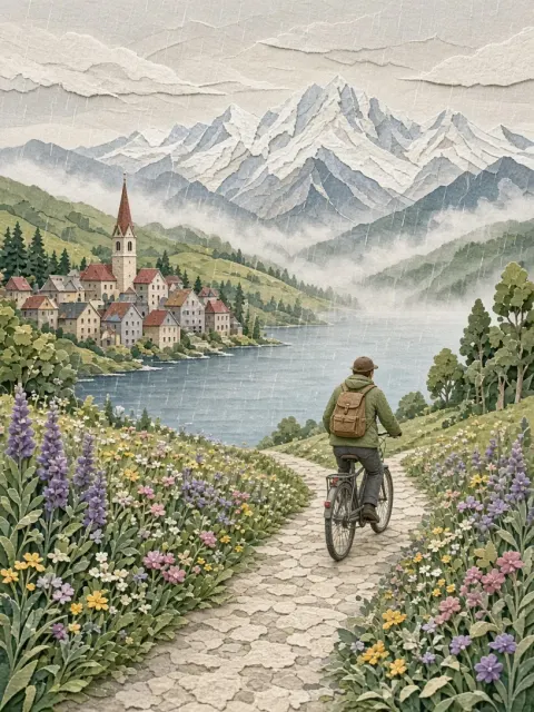 Papercut Texture Lakeside Town Cyclist Landscape