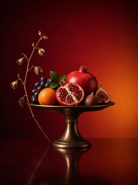 Minimalist Fruit Still Life on Dark Red Gradient