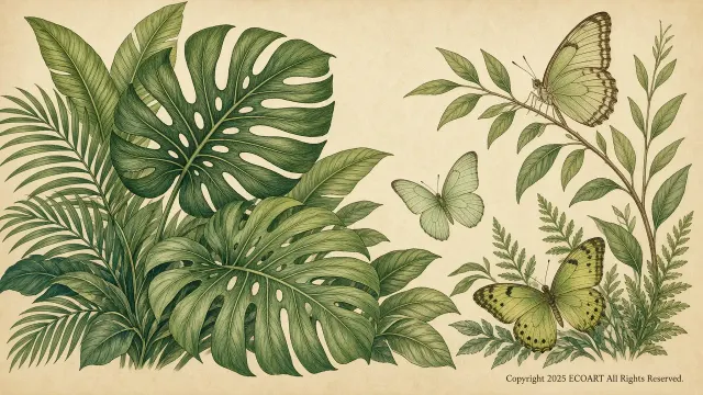 Delicate Hand-Drawn Tropical Foliage and Butterfly Illustration